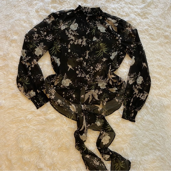 Sheer black floral high neck tie waist blouse - Picture 10 of 15